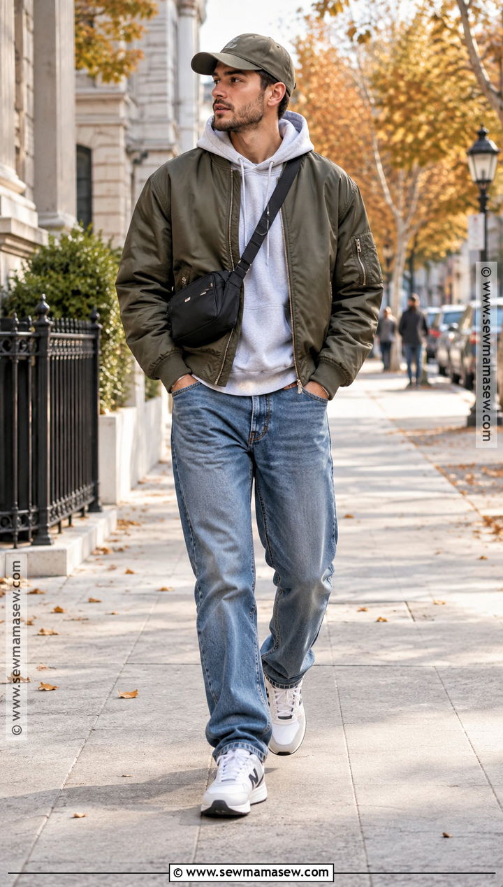 Bomber Jacket With Hoodie And Relaxed Jeans - 20 autumn male outfit ideas