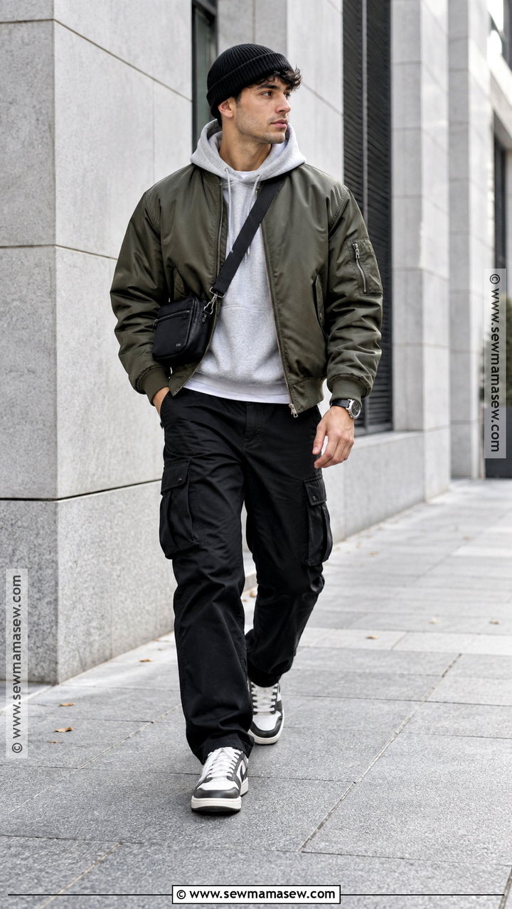 Bomber Jacket With Hoodie and Cargo Pants - 20 fit inspo men autumn ideas