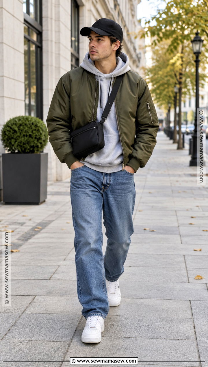 Bomber Jacket With Hoodie and Relaxed Jeans - 20 Men Autumn Outfit Casual Ideas