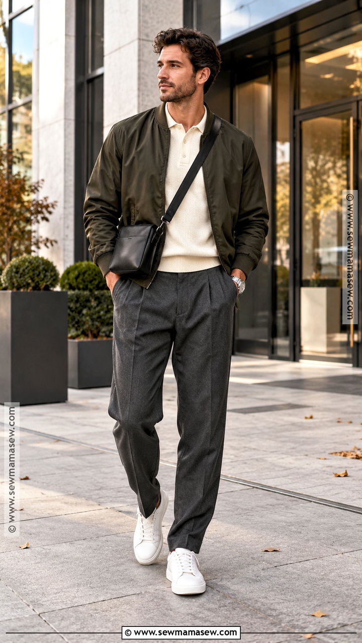 Bomber Jacket With Knit Polo And Trousers - 20 Mens Casual Fall Outfits