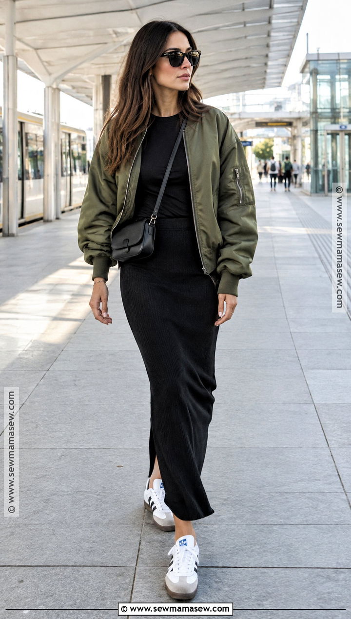 Bomber Jacket With Maxi Skirt And Sneakers - 15 fall fit inspo ideas 2026