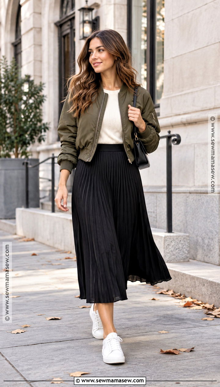 Bomber Jacket With Midi Skirt Outfit - 30 fall clothes