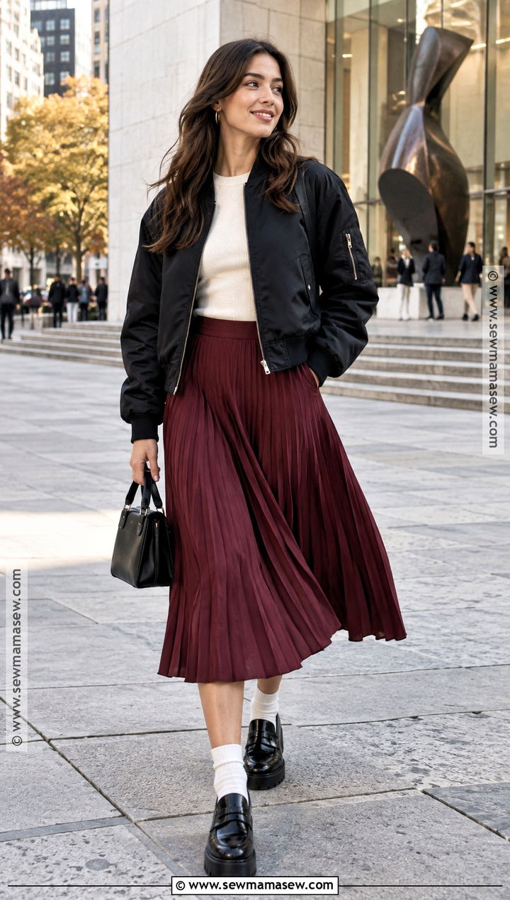 Bomber Jacket With Pleated Midi Skirt Outfit - 20 New York October Outfit Ideas