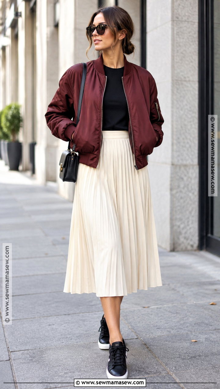 Bomber Jacket With Pleated Midi Skirt - 25 fall chic outfits