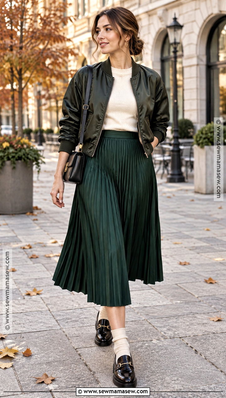 Bomber Jacket With Sweater And Pleated Skirt - 25 autumn layering outfit ideas