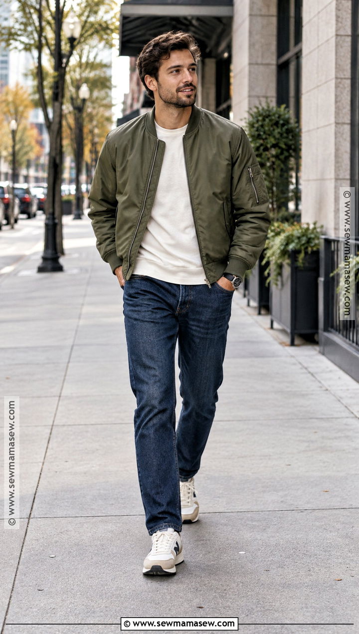 Bomber Jacket With T Shirt and Straight Jeans - 20 fall outfits for men casual