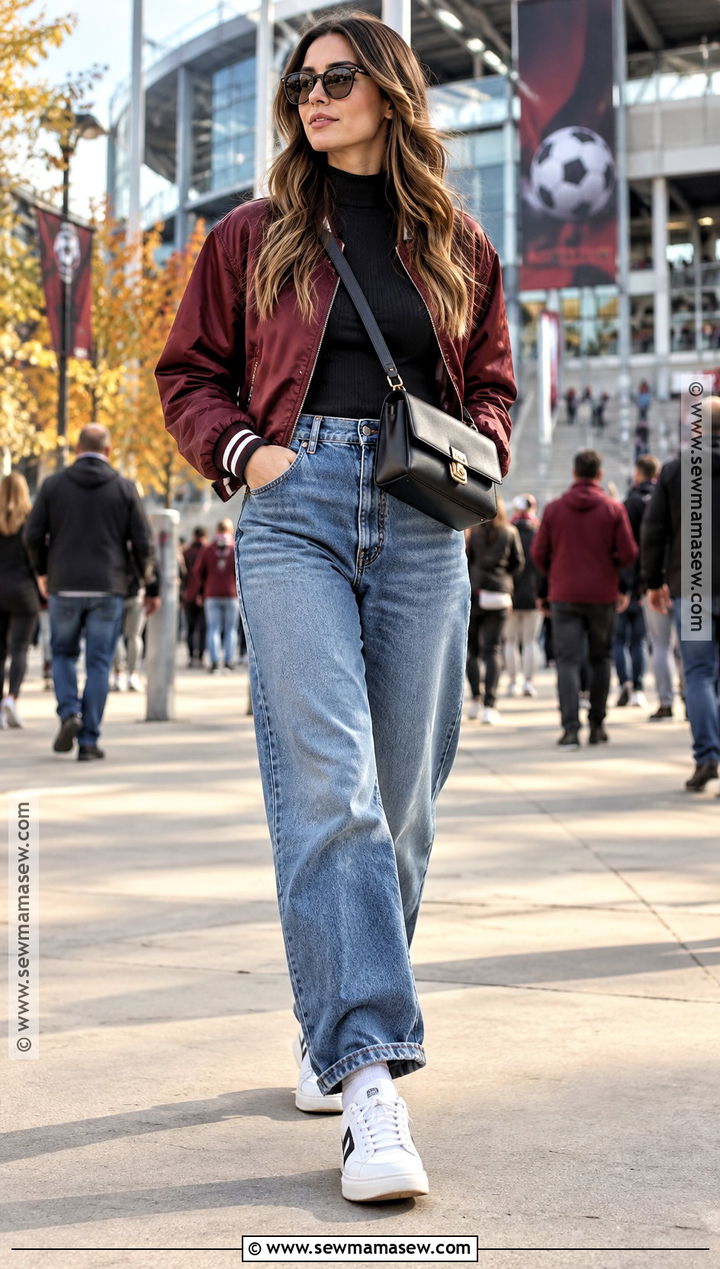 Bomber Jacket With Turtleneck And Relaxed Jeans - 15 fall soccer game outfit ideas