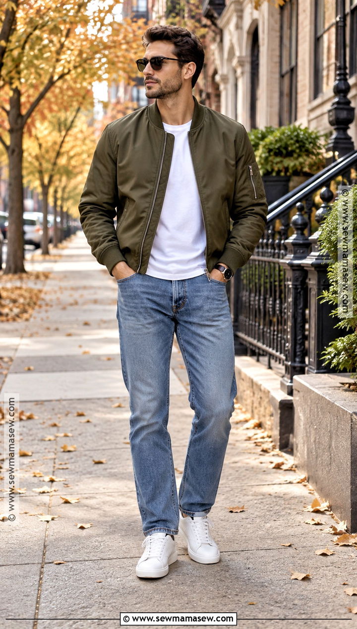Bomber Jacket With White T Shirt and Jeans - 15 fall jackets outfit for men