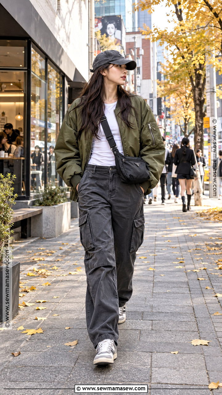 Bomber Jacket and Cargo Pants Autumn Outfit - 20 autumn in korea outfit ideas