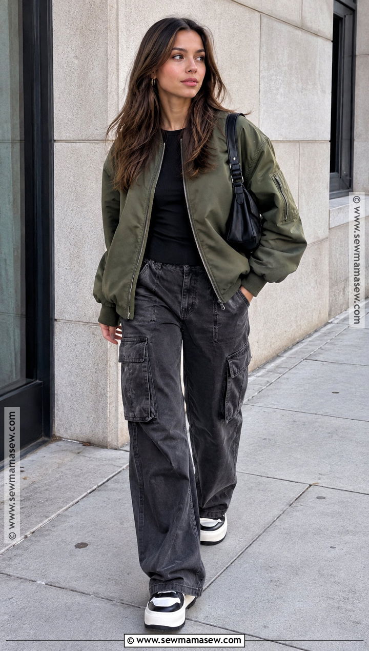 Bomber Jacket and Cargo Pants Downtown Autumn Outfit - 20 Downtown Autumn Outfits