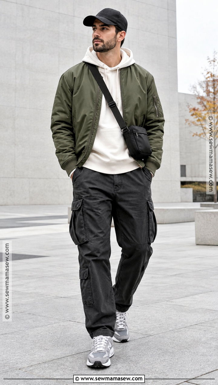 Bomber Jacket and Cargo Pants Fall Outfit - 15 cute fall outfits for men