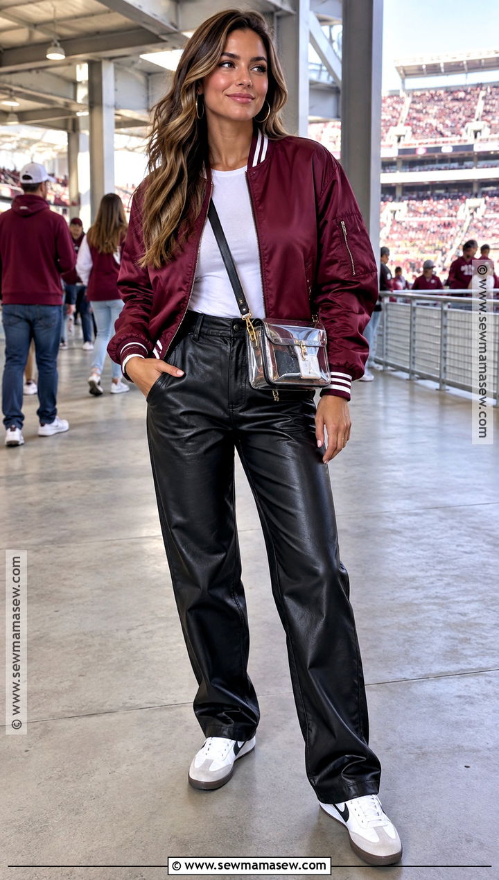 Bomber Jacket and Faux Leather Pants Gameday Outfit - 20 fall gameday outfit ideas