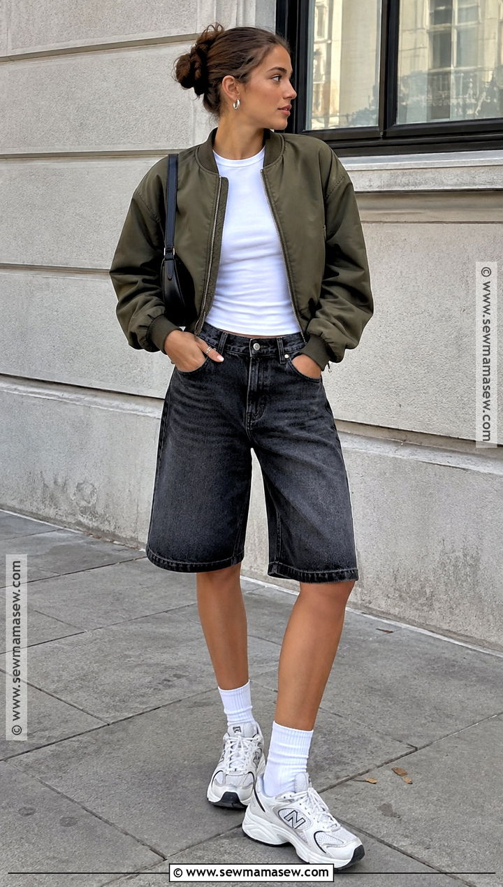 Bomber Jacket and Jorts Outfit - 20 jorts autumn outfit ideas