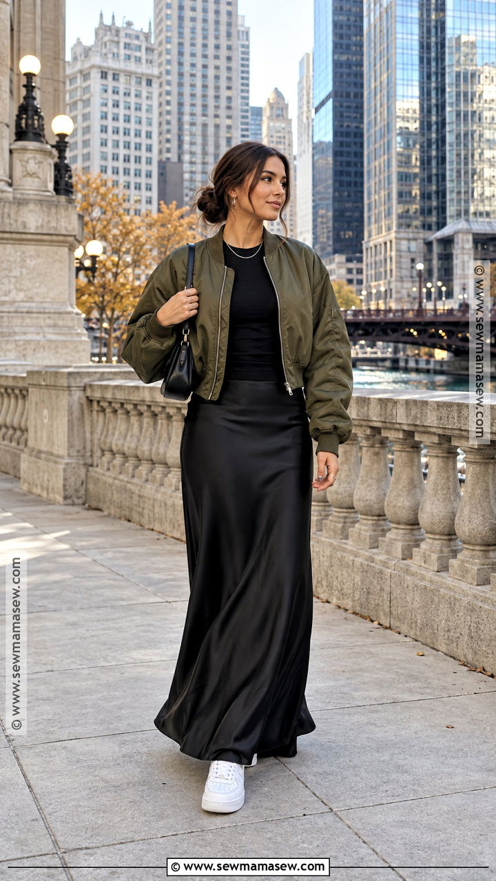 Bomber Jacket and Maxi Skirt Chicago Fall Outfit - 20 fall chicago outfits