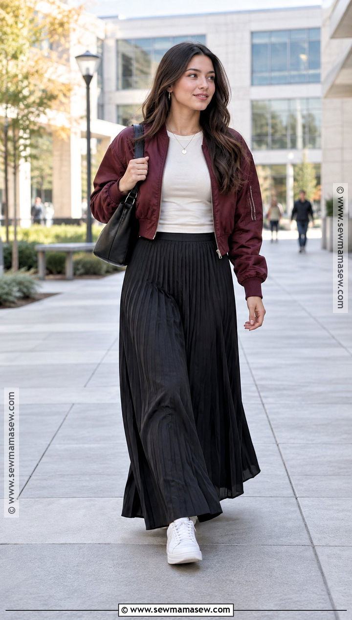 Bomber Jacket and Maxi Skirt Fall Outfit - 20 perfect fall outfit ideas
