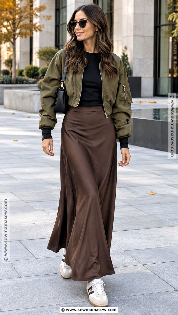 Bomber Jacket and Maxi Skirt October Outfit - 15 outfit inspo october ideas