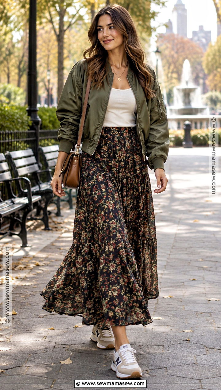 Bomber Jacket and Maxi Skirt Outfit for Athletic Build - 15 fall outfits athletic build