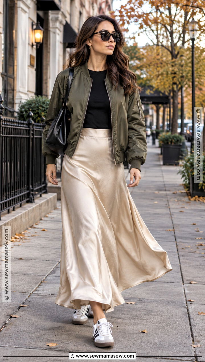 Bomber Jacket and Maxi Skirt Outfit - 15 Fall Fashion 2026 Street Style Ideas