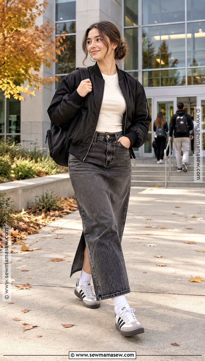 Bomber Jacket and Maxi Skirt School Outfit - 20 aesthetic fall outfits for school