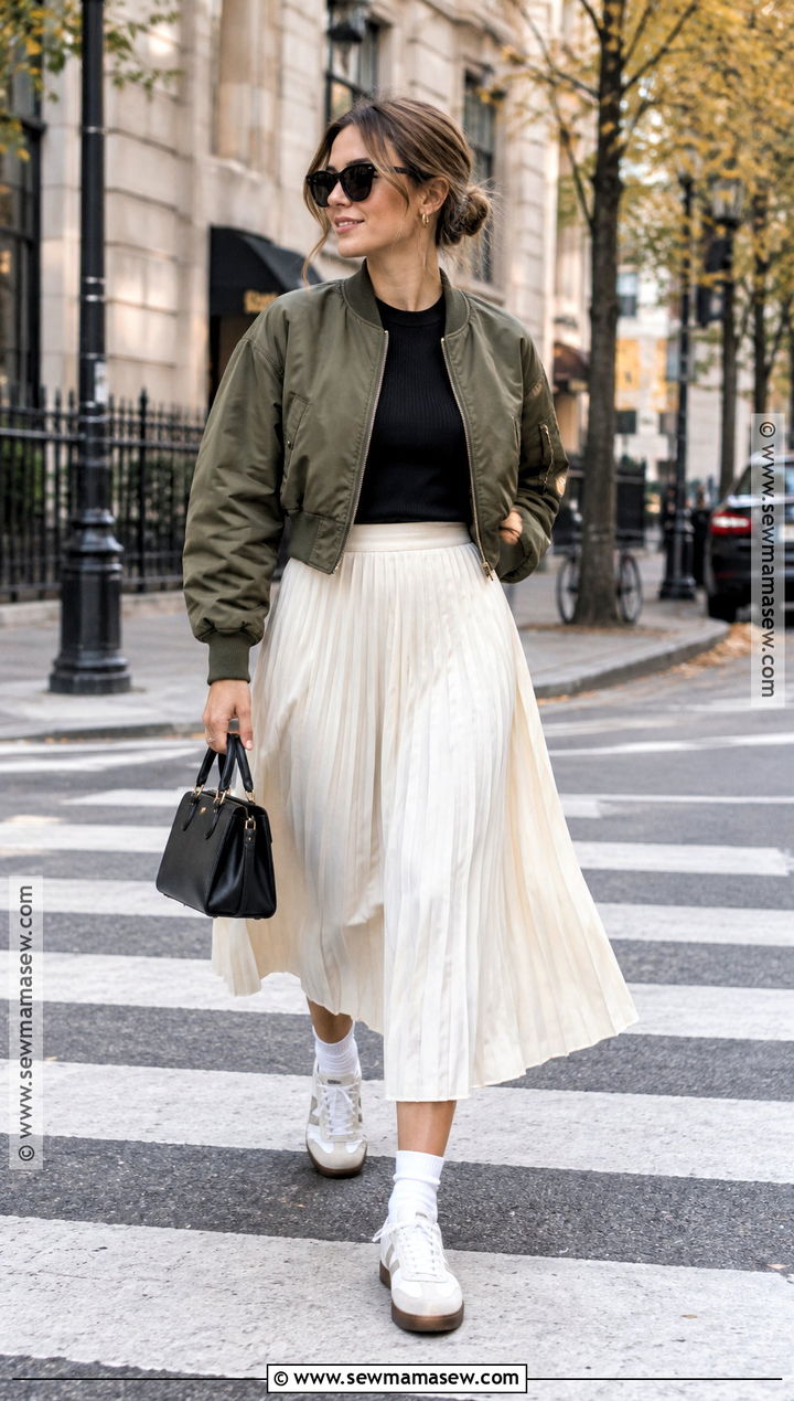 Bomber Jacket and Pleated Skirt City Outfit - 20 City Girl Fall Outfits