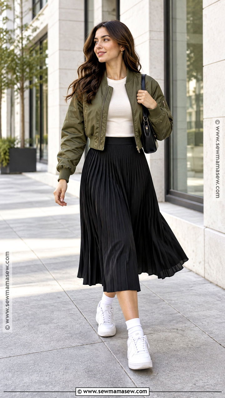Bomber Jacket and Pleated Skirt Fall Outfit - 20 fall wear ideas