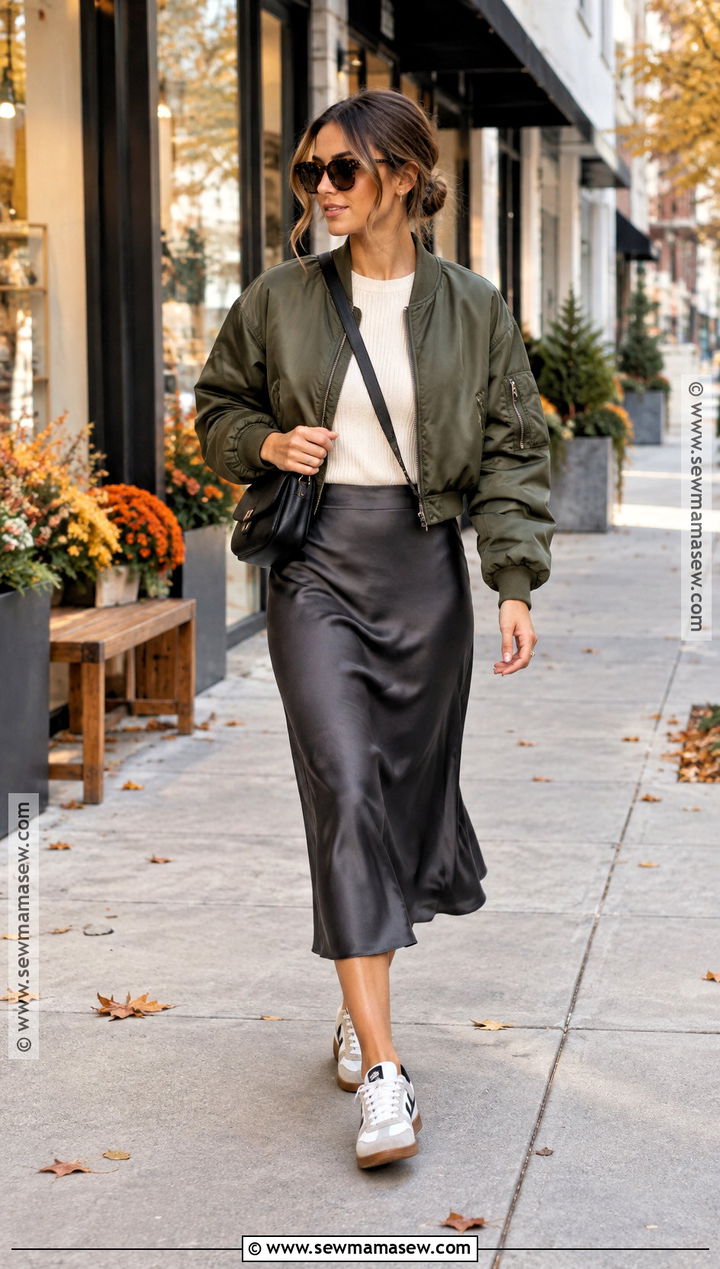 Bomber Jacket and Slip Skirt Outfit - 15 ladies autumn fashion ideas 2026