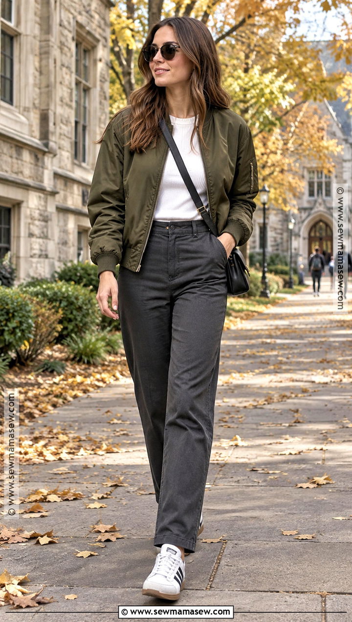 Bomber Jacket and Straight Leg Pants Fall Class Outfit - 25 fall class outfits
