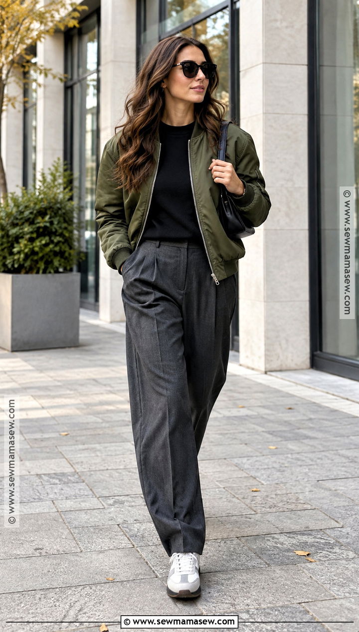 Bomber Jacket and Tailored Trousers Outfit - 20 Autumn City Break Outfit Ideas