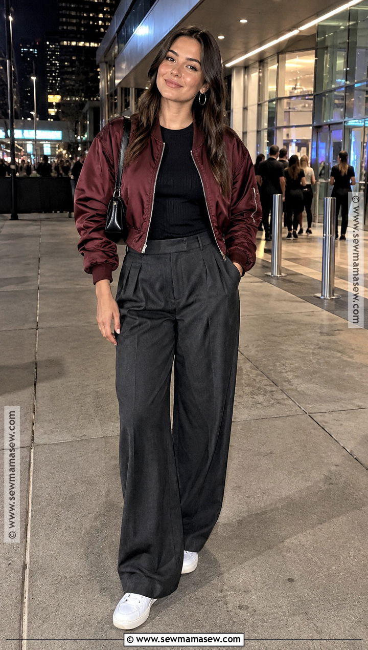 Bomber Jacket and Wide Leg Pants NYC Night Outfit - 15 nyc night outfit fall ideas