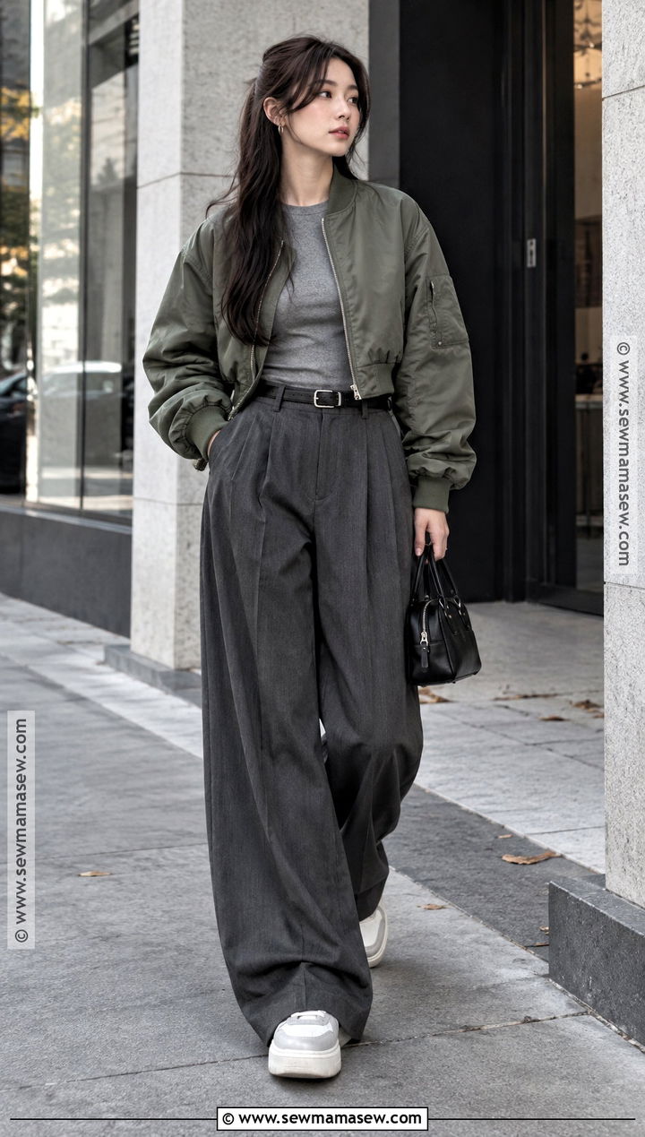 Bomber Jacket and Wide Leg Trousers Acubi Autumn Outfit - 20 acubi autumn outfits