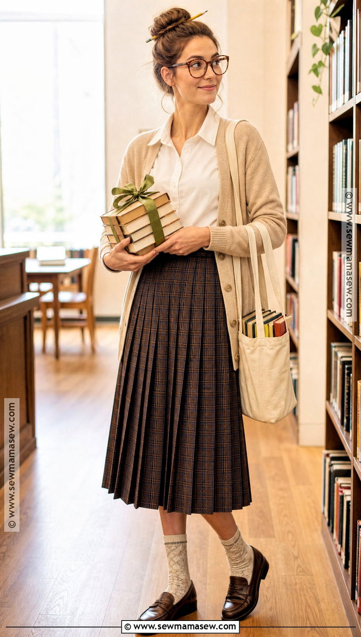 Bookish Librarian Costume With Cardigan - 35 Halloween Costume Solo Ideas