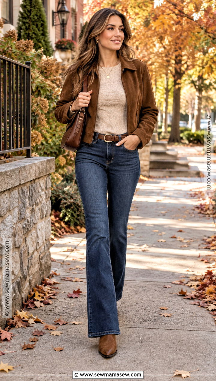 Bootcut Jeans Suede Jacket and Cowboy Boots - 15 fall outfit jeans and boots