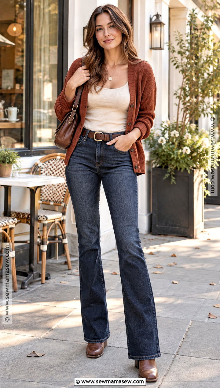 Bootcut Jeans With Cardigan and Heeled Boots - 20 cute fall outfits with jeans