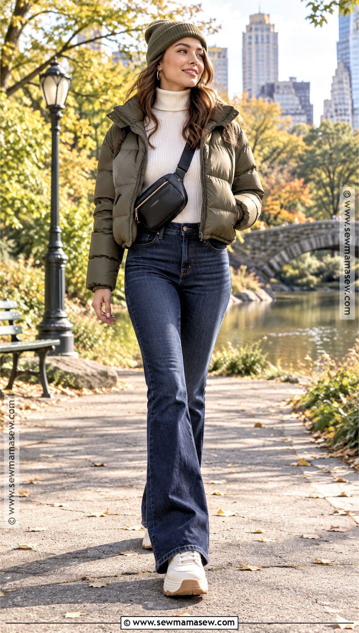 Bootcut Jeans With Cropped Puffer And Turtleneck - 20 bootcut jeans outfit fall