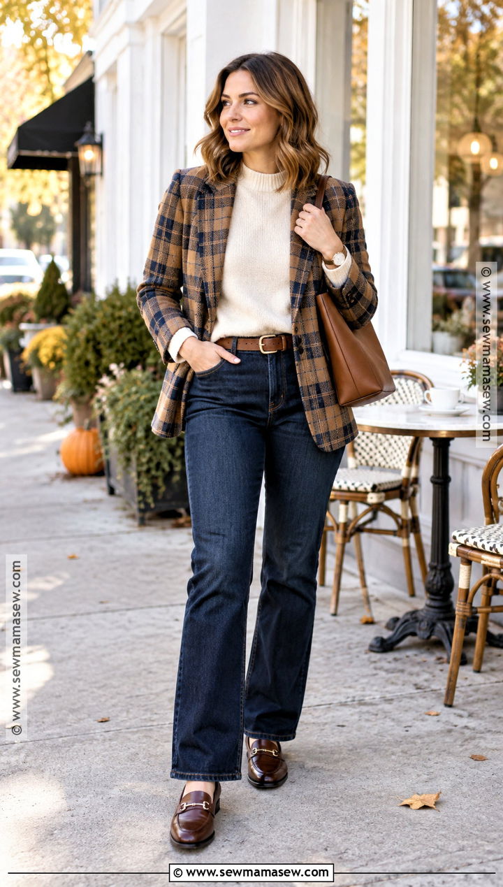 Bootcut Jeans With Plaid Blazer And Loafers - 20 bootcut jeans outfit fall