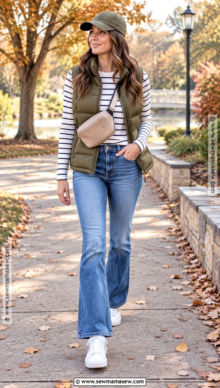Bootcut Jeans With Puffer Vest And Sneakers - 20 Fall Bootcut Jeans Outfits