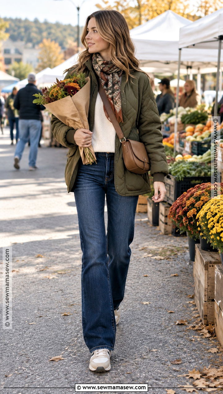 Bootcut Jeans With Quilted Jacket And Sneakers - 15 Comfy Jeans Outfit Fall