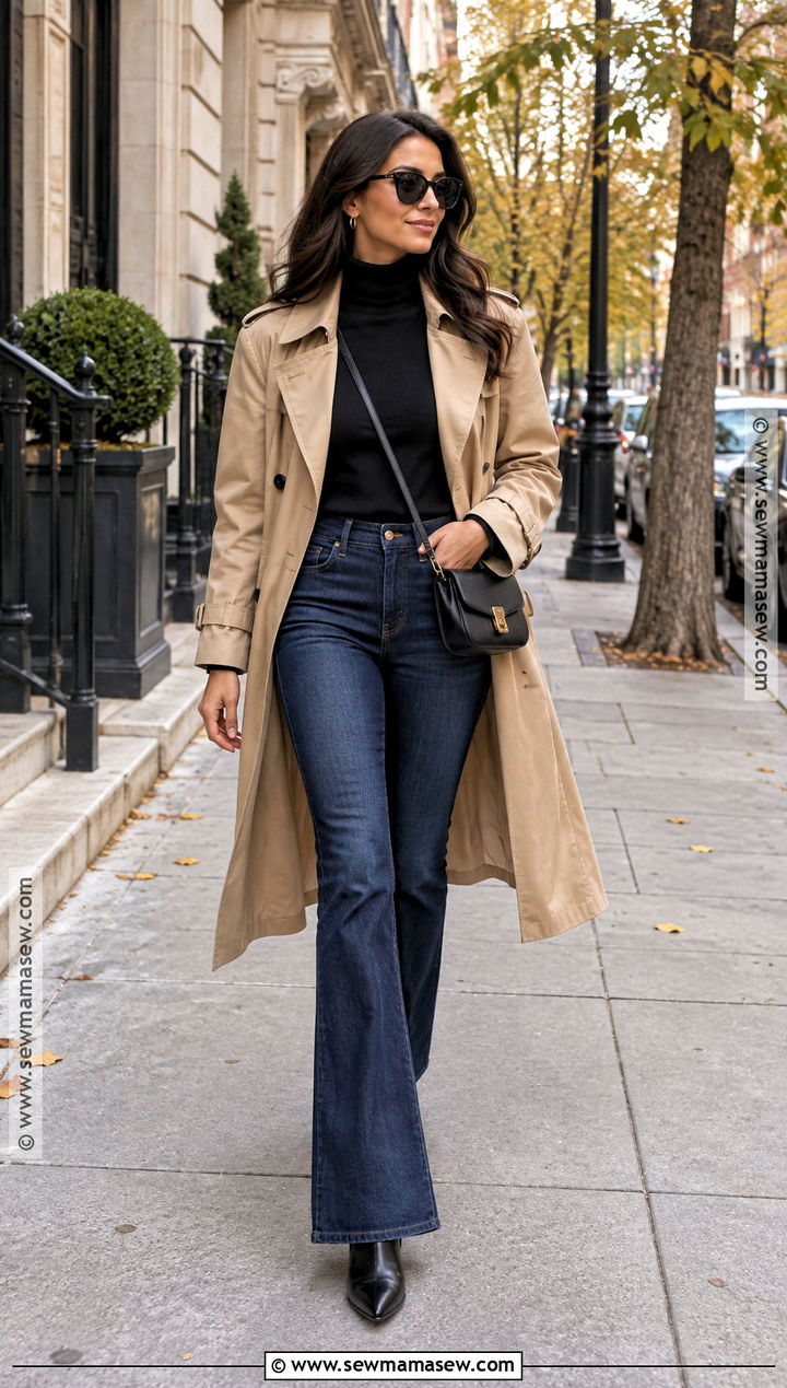 Bootcut Jeans With Trench Coat And Pointed Boots - 20 Fall Bootcut Jeans Outfits