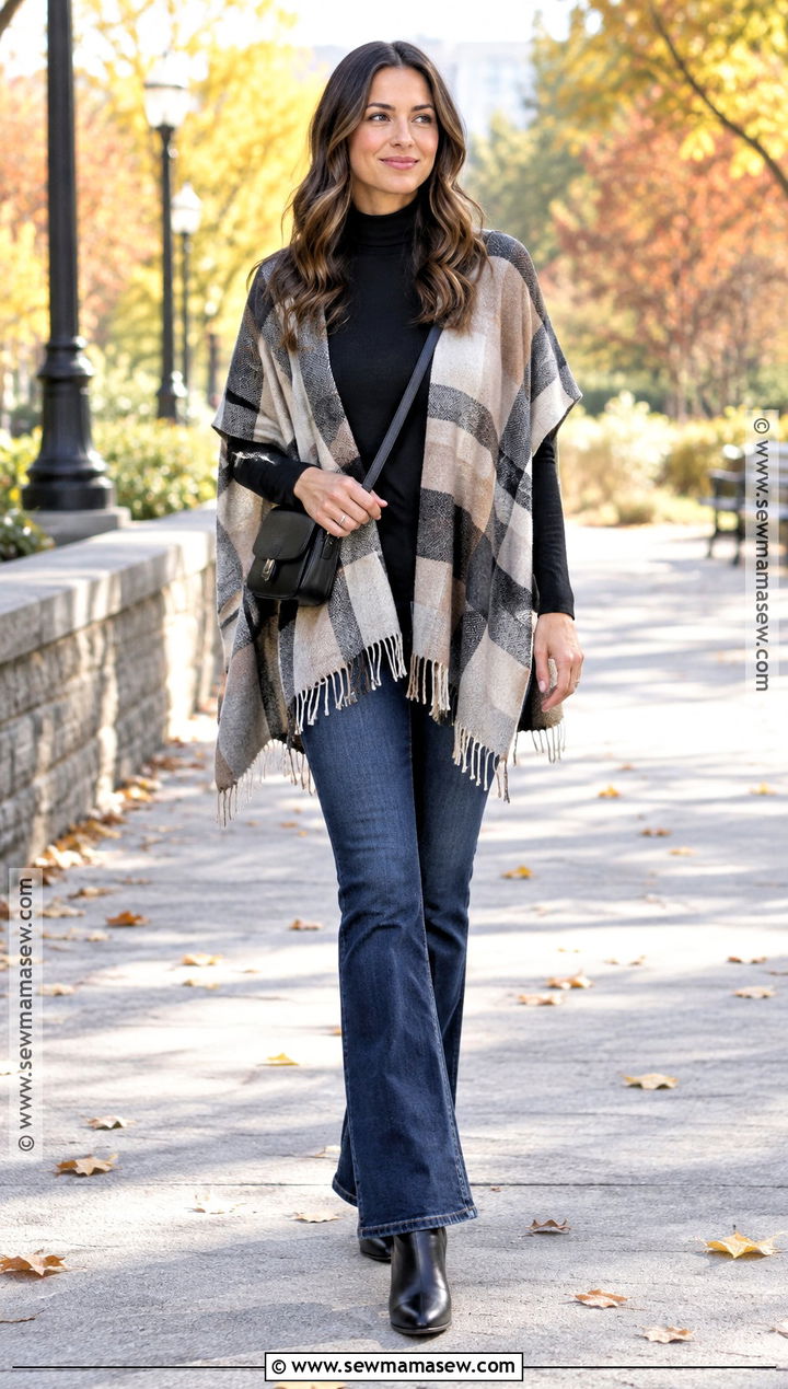 Bootcut Jeans With a Poncho and Ankle Boots - 20 boot cut jeans outfit fall