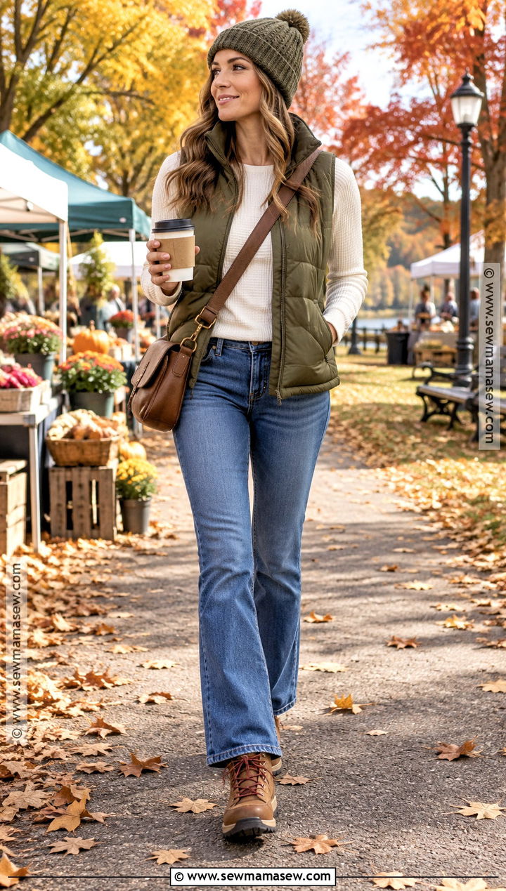 Bootcut Jeans With a Puffer Vest and Hiking Boots - 20 boot cut jeans outfit fall