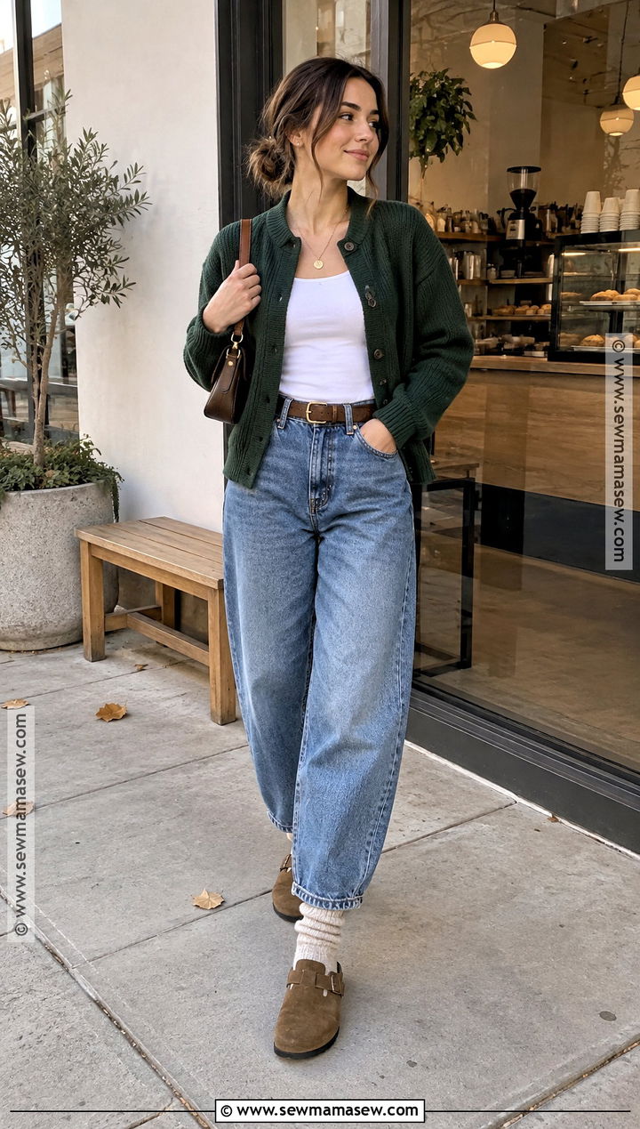 Boston Birks With Cardigan And Barrel Jeans - 15 Boston Birks Fall Outfits