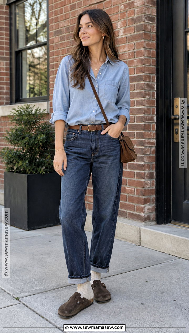 Boston Birks With Denim Shirt And Relaxed Jeans - 15 Boston Birks Fall Outfits