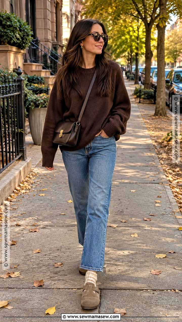 Boston Birks With Oversized Sweater And Straight Jeans - 15 Boston Birks Fall Outfits