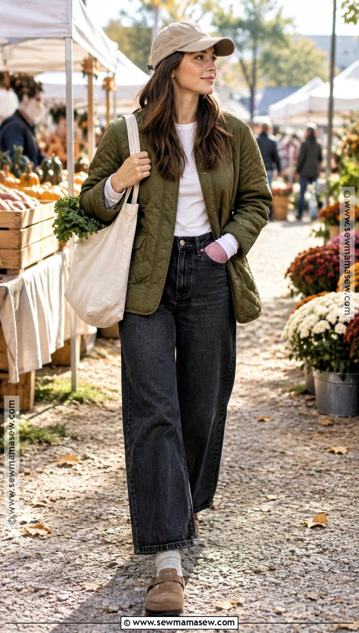 Boston Birks With Quilted Jacket And Wide Leg Jeans - 15 Boston Birks Fall Outfits