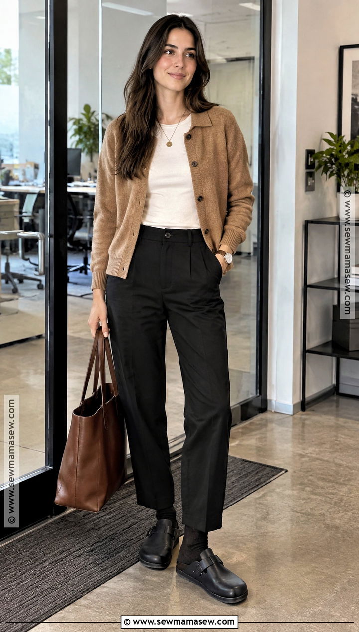 Boston Clogs With Black Trousers and Cardigan - 20 boston clogs outfit fall ideas