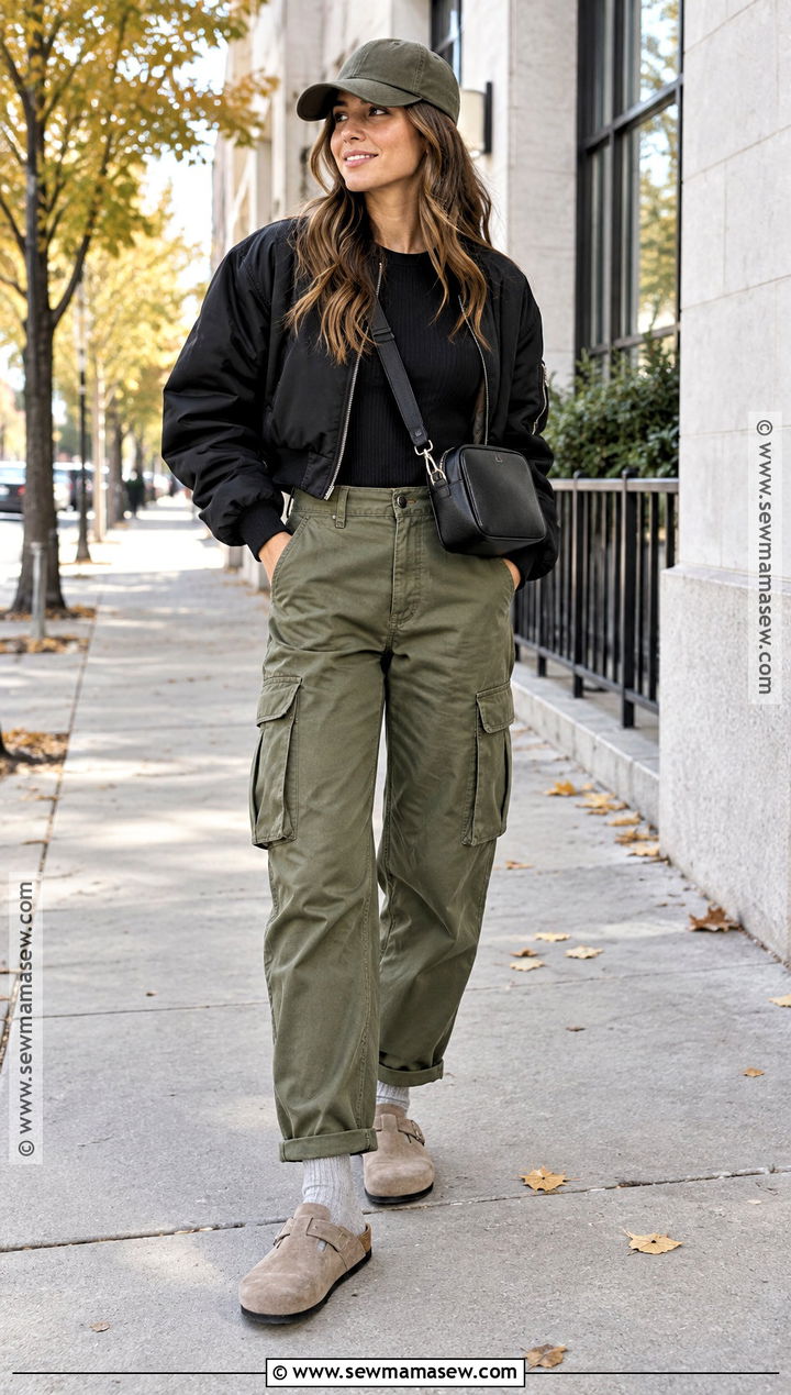 Boston Clogs With Cargo Pants and Bomber Jacket - 20 boston clogs outfit fall ideas