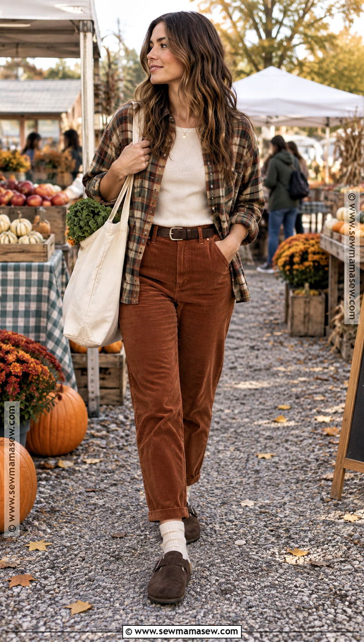 Boston Clogs With Corduroy Pants and Flannel Shirt - 20 boston clogs outfit fall ideas