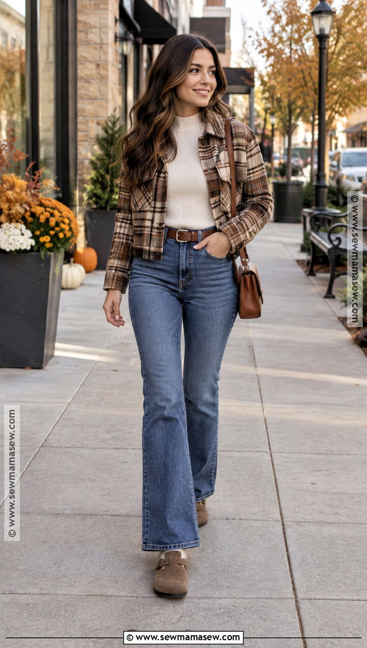 Boston Clogs With Flared Jeans and Shacket - 20 boston clogs outfit fall ideas