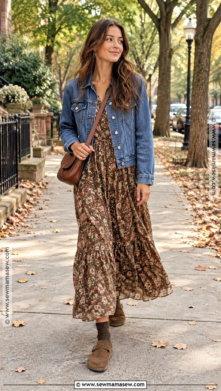 Boston Clogs With Maxi Dress and Denim Jacket - 20 boston clogs outfit fall ideas