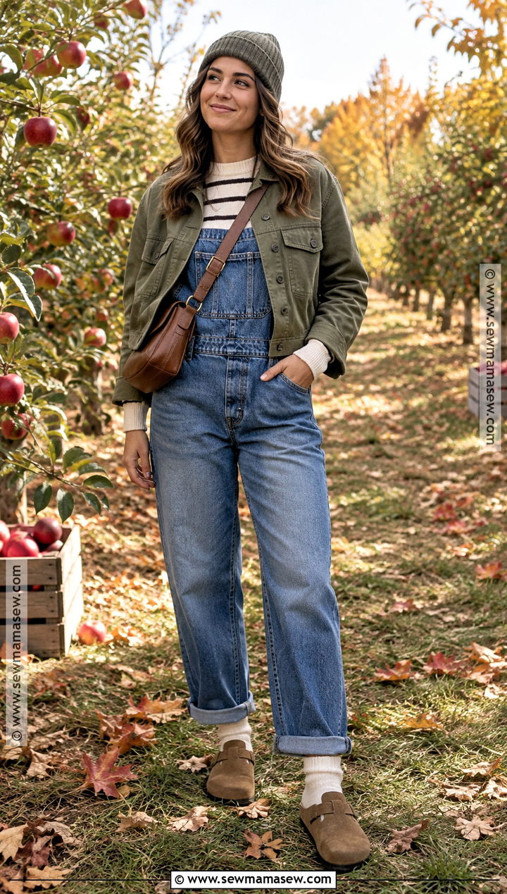 Boston Clogs With Overalls and Striped Sweater - 20 boston clogs outfit fall ideas